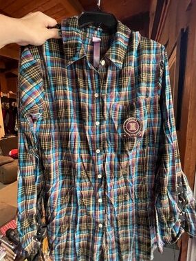 Savage X Fenty Plaid sleep Shirt in Teal, Brown & Purple with lace up cuffs